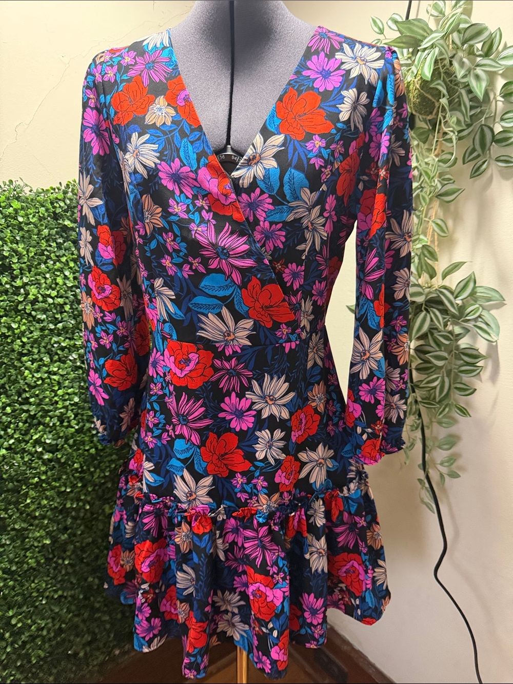 Sugarlips Navy Floral V-Neck Ruffle Mini Dress